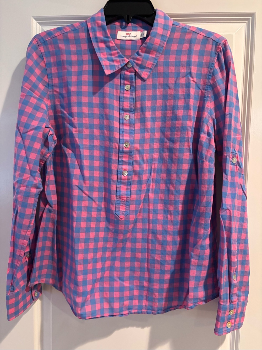 Vineyard Vines Pink Blue Gingham Popover Shirt Women’s Size 12